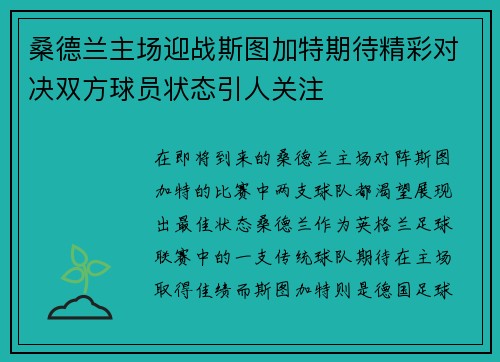 桑德兰主场迎战斯图加特期待精彩对决双方球员状态引人关注